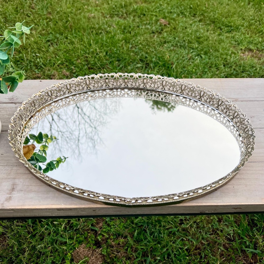 Vintage Oval Gold Filigree Vanity Mirror Tray
